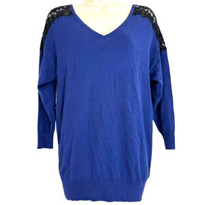 Torrid Womens Blue Black Lace Thin Sweater Pullover V-Neck Stretch Rayon sz 0X